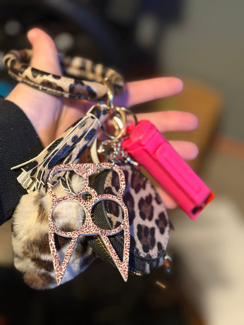 Brown and Pink Leopard Keychain